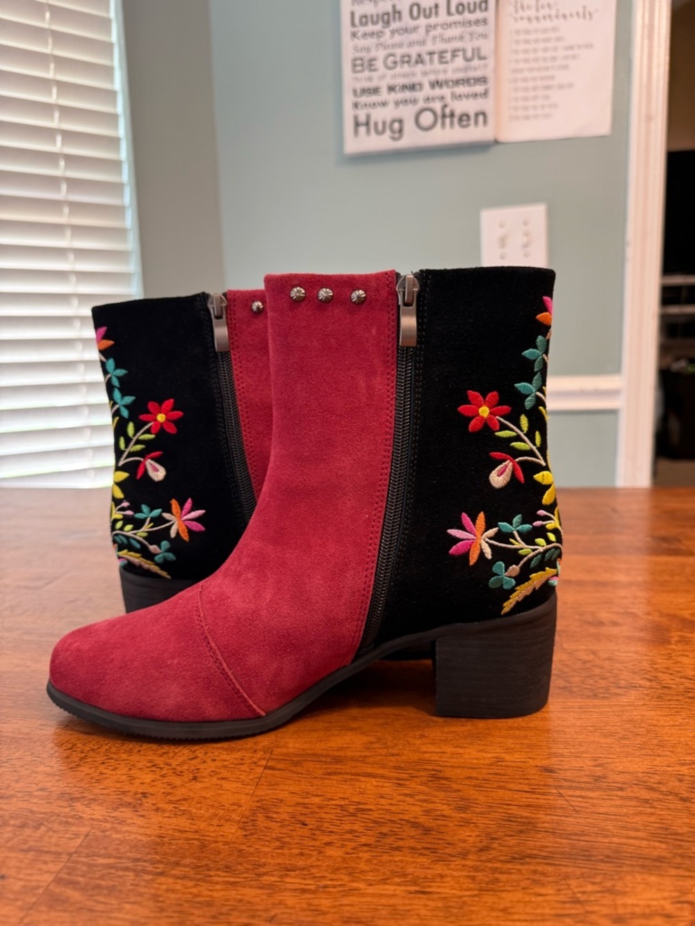 Trinity Ranch Montana West Burgundy Suede Floral Embroidered Studded ankle boots - Picture 3 of 15